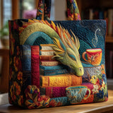 Handgefertigte Tasche - Lesender Drache mit Büchern und Tassen